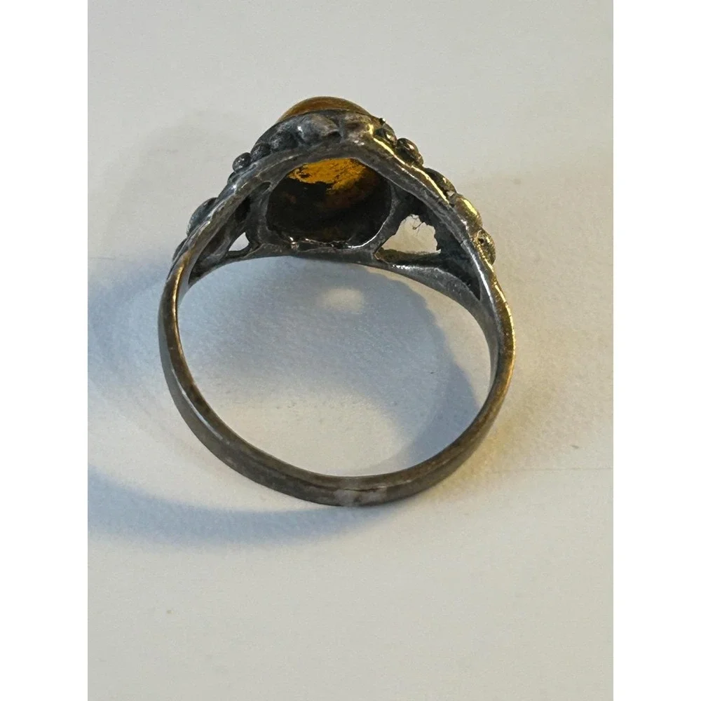 Vintage Sterling Silver Genuine Amber Stone Ring Two Tone Size 6 1/2